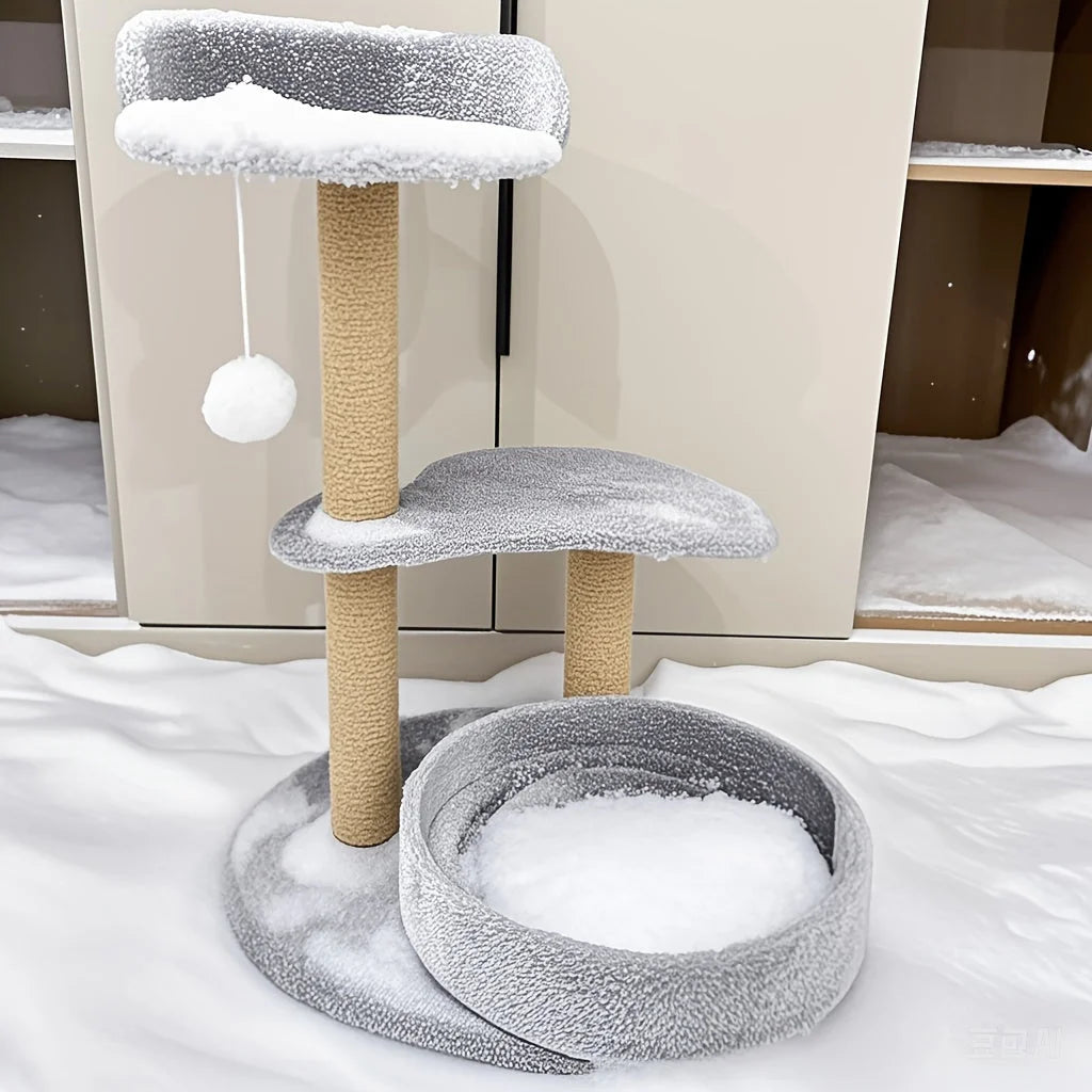 A creatively presented cat scratching post and tree dusted with snow, showcasing its structure and durability.