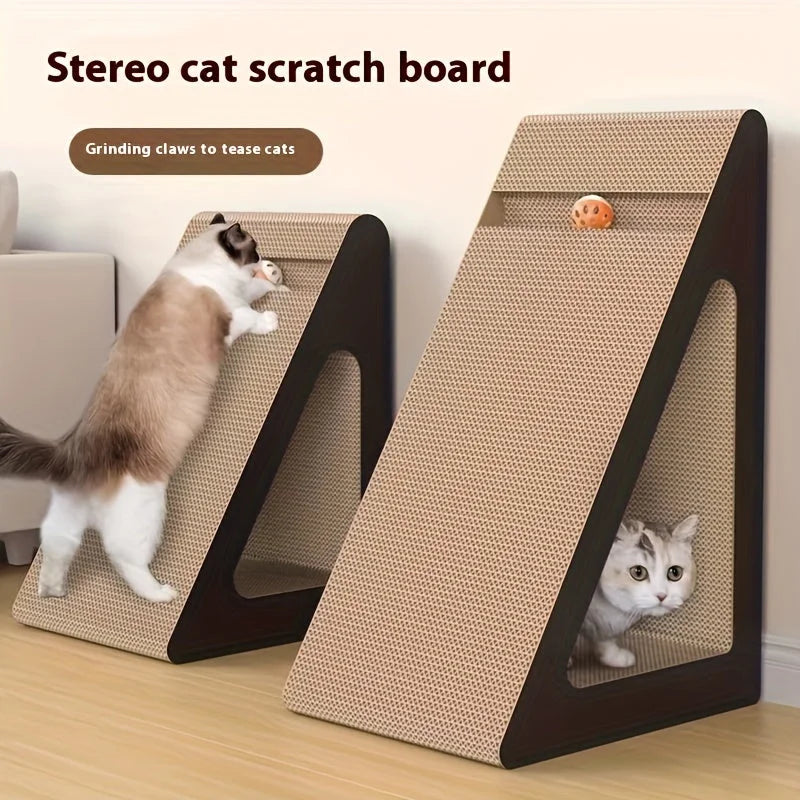 Two cats enjoying one of the best cat scratchers, a stereo cat scratch board designed for climbing, scratching, and hiding.
