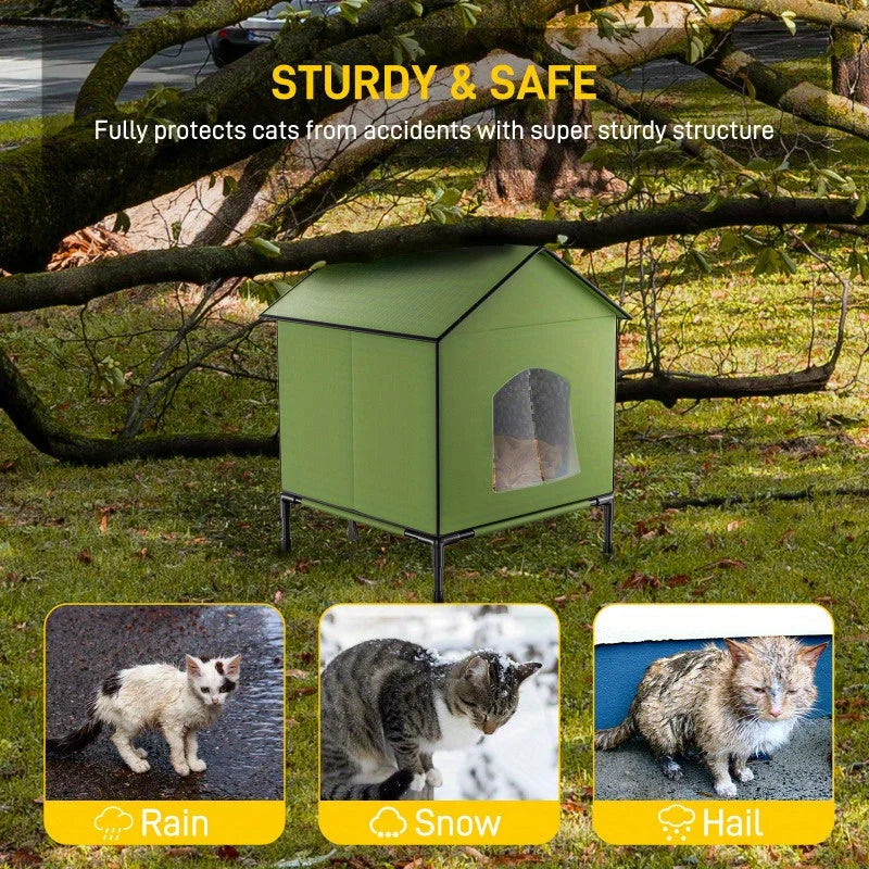 A heated outdoor house for cats, showcasing its sturdy structure protecting against rain, snow, and hail.
