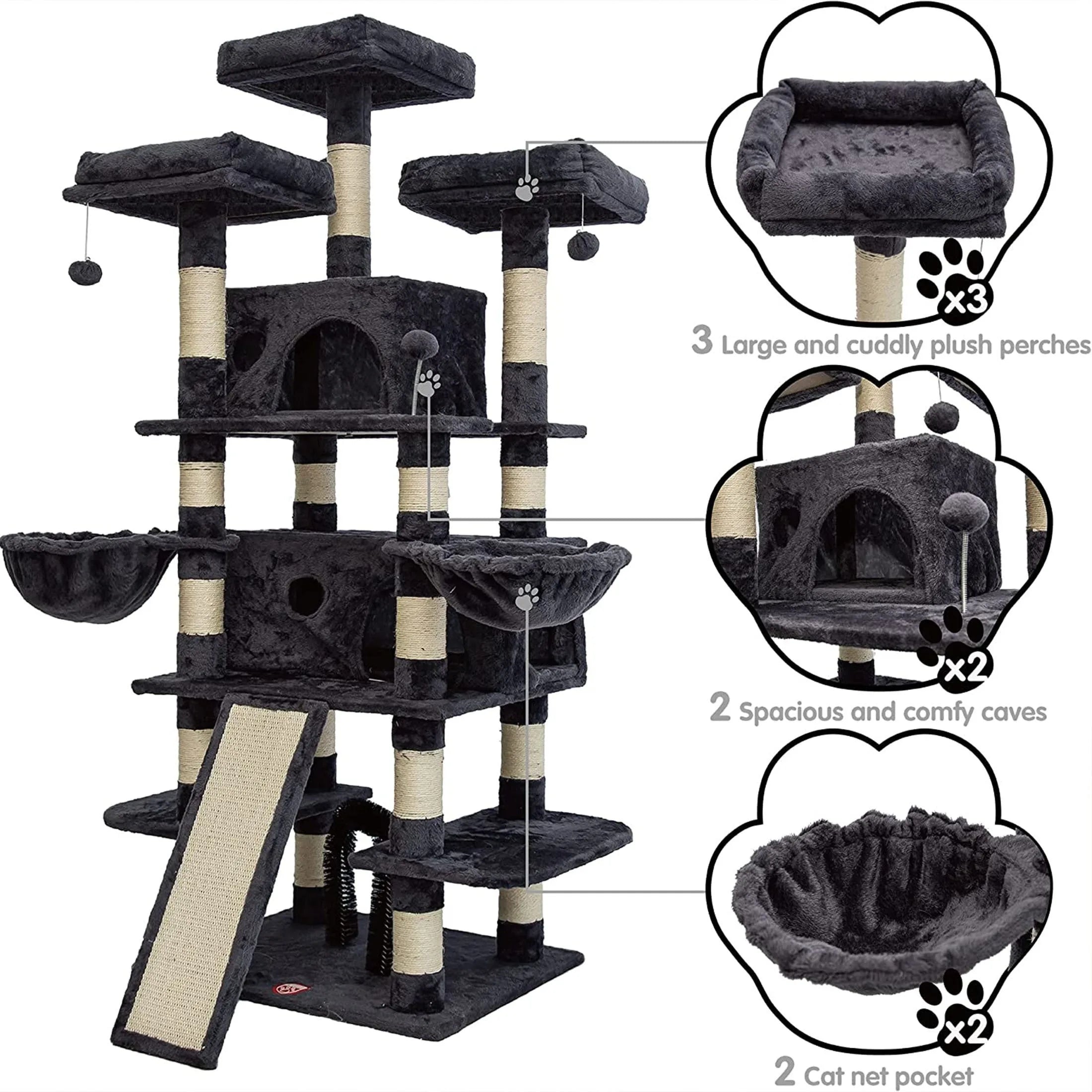 Black sturdy large cat condo with detailed features, including soft plush perches, comfy caves, and secure scratching boards for playful cats.