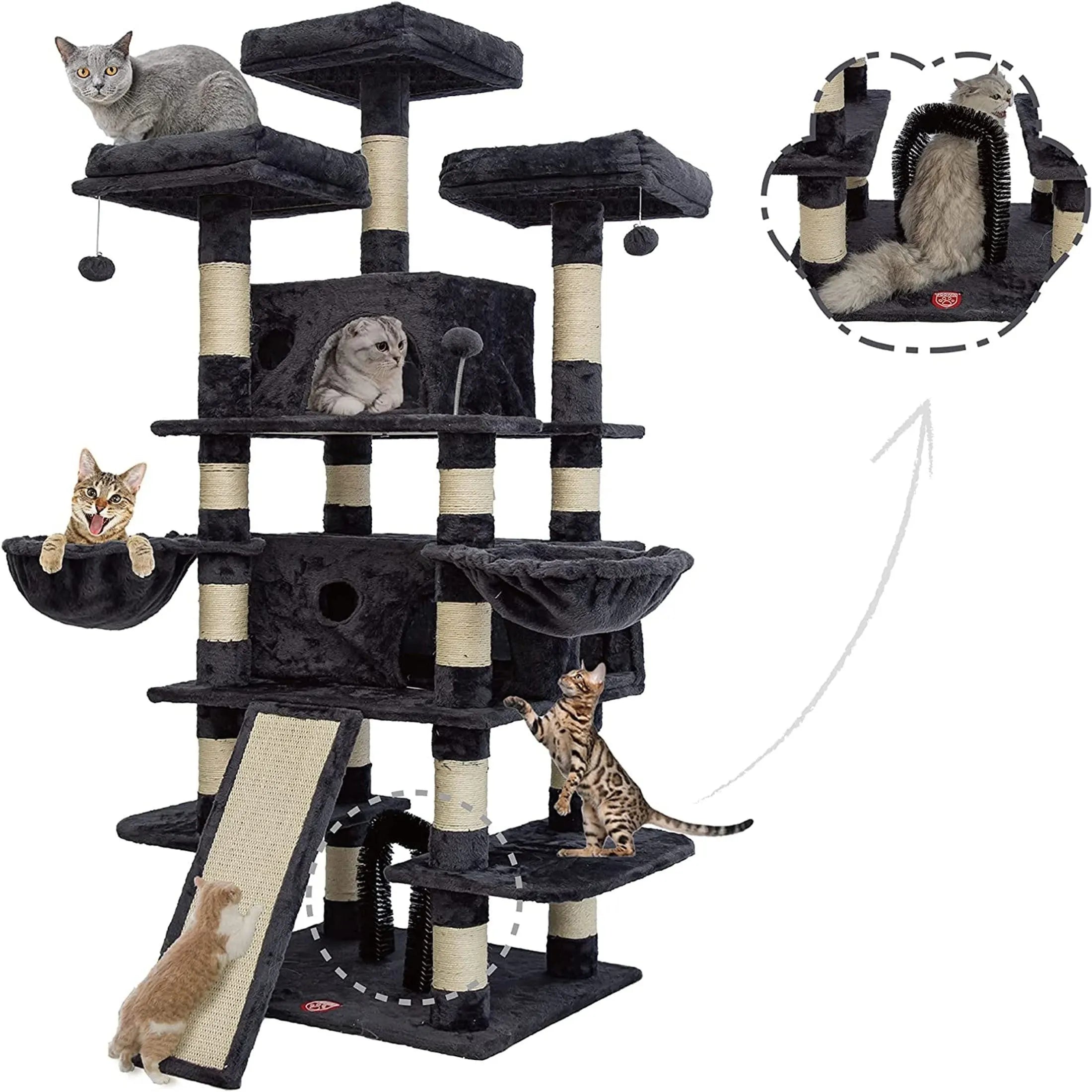 Functional black sturdy large cat condo with interactive features, including scratching boards, hideouts, and comfy lounging areas for cats.