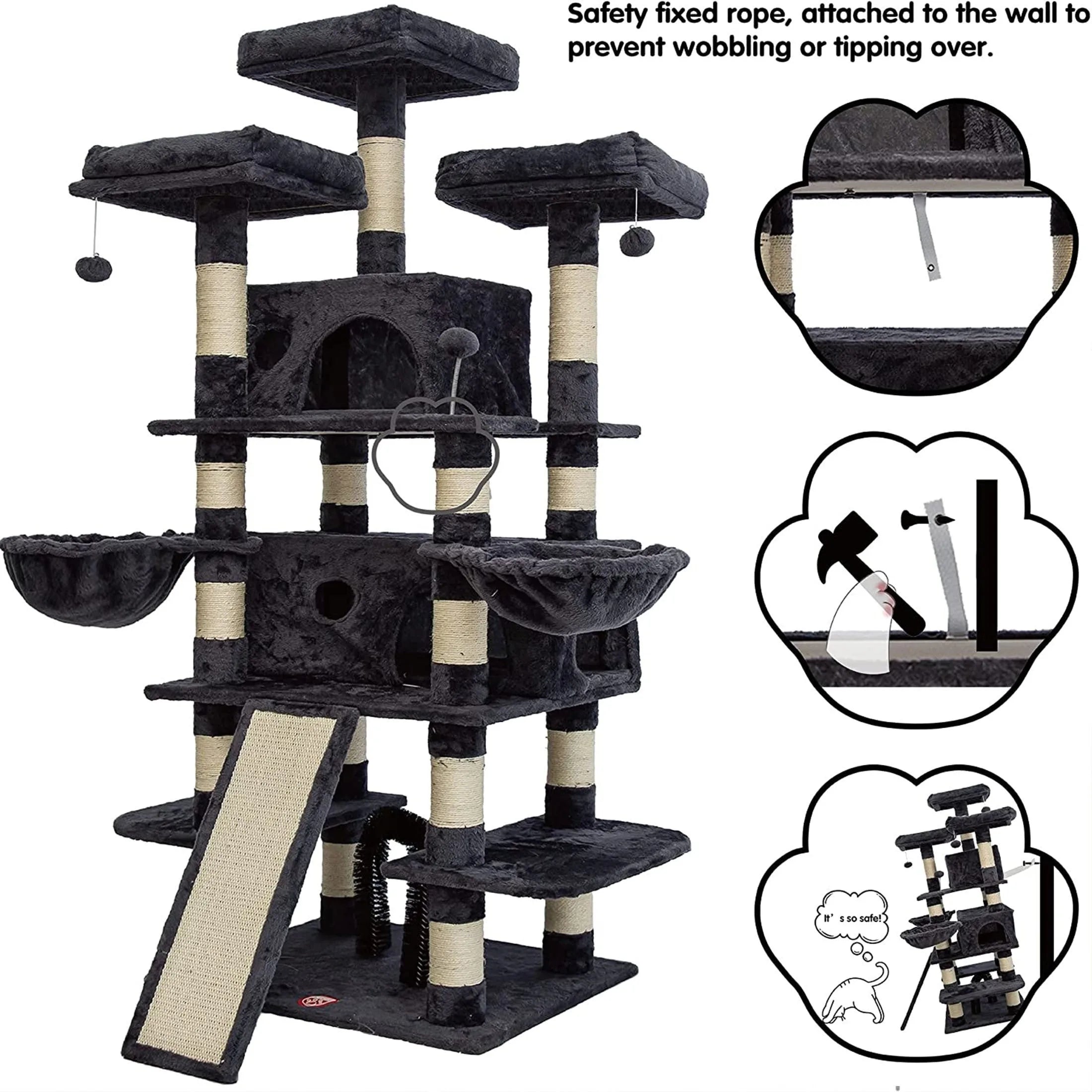 Black sturdy large cat condo with safety features, including wall attachment and reinforced structure, ensuring stability and comfort for cats.