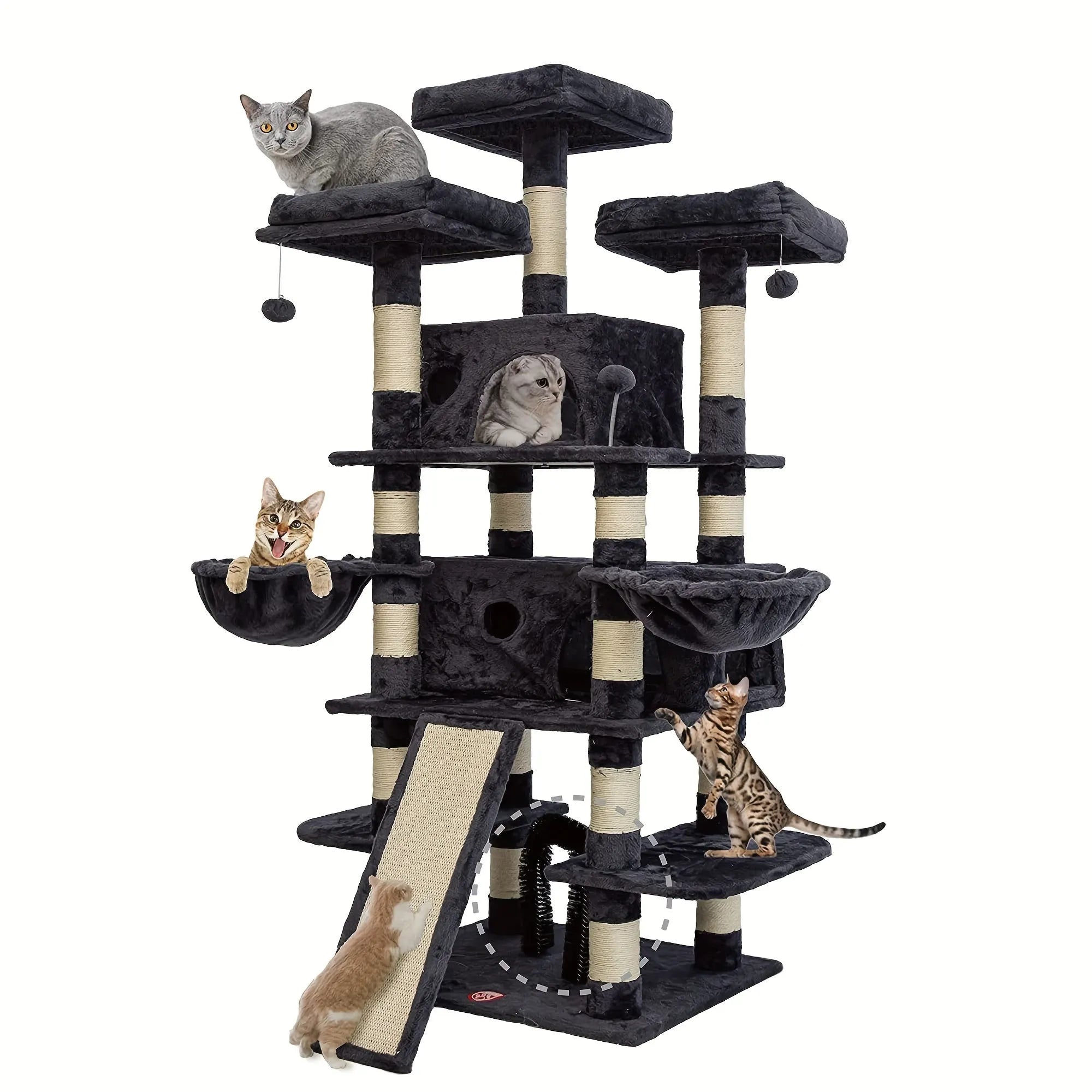 Black sturdy large cat condo with safety features, including wall attachment and reinforced structure, ensuring stability and comfort for cats.