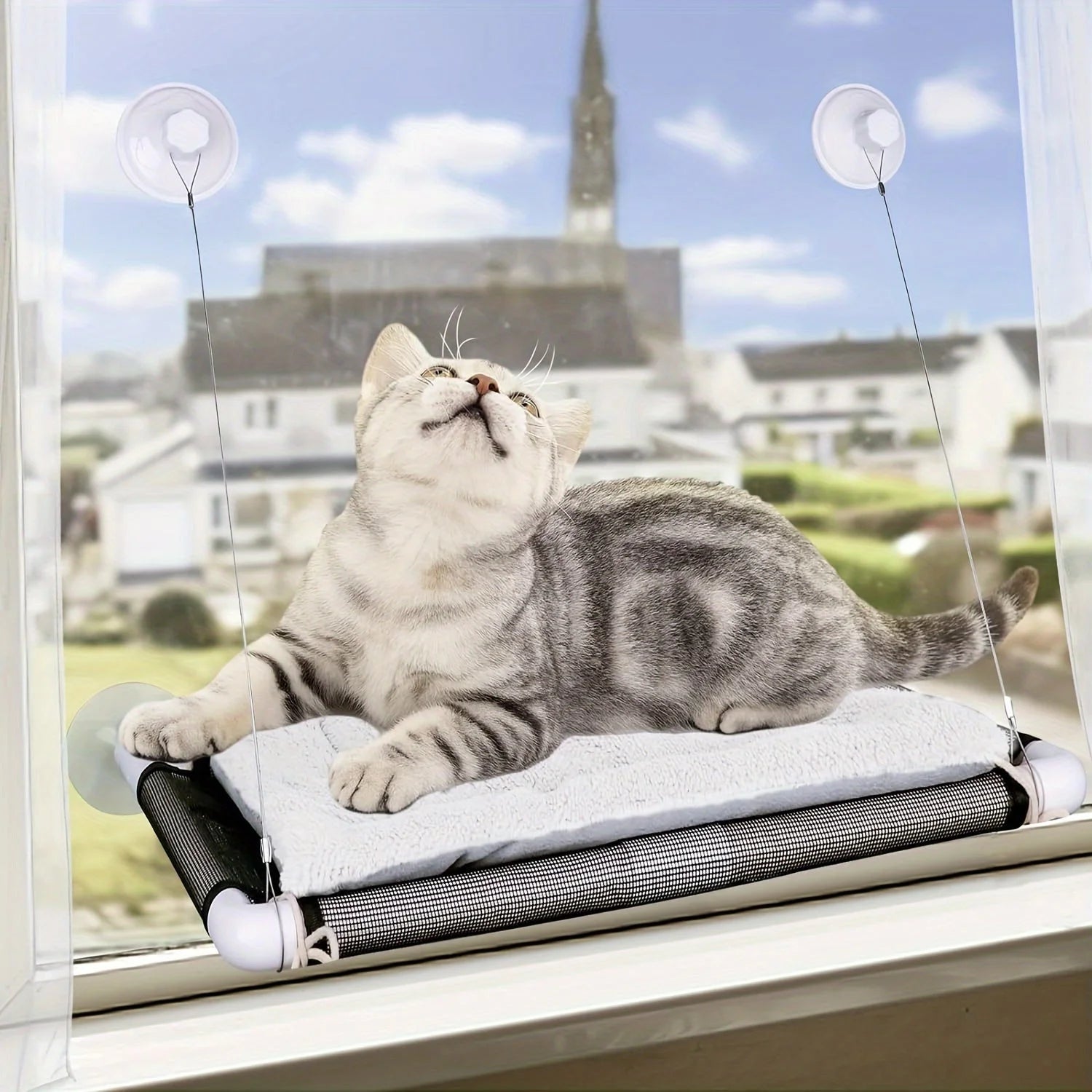 Suction cups securing the Cat Window Bed to the window sill, providing a safe and relaxing spot for your cat to rest.