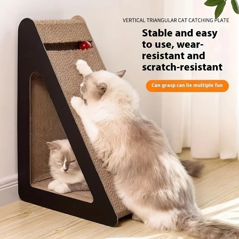 Cats playing on a triangular cat scratcher, a stable and scratch-resistant option considered among the best cat scratchers.