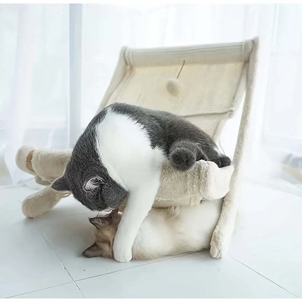 Two cats playfully interacting and enjoying the multi-functional design of the cat scratching post with bed.