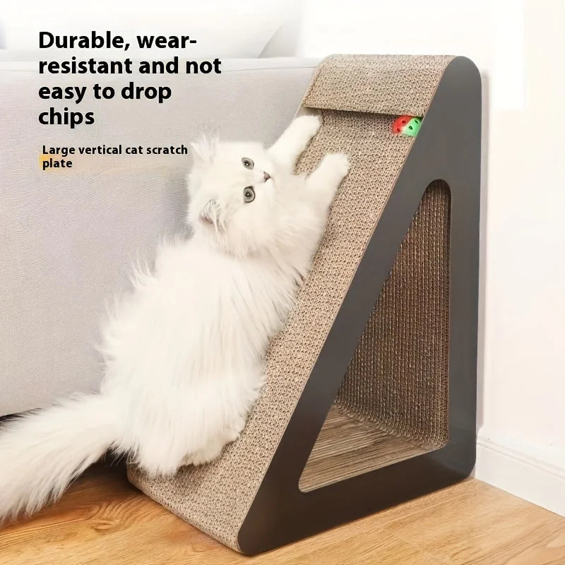 A fluffy white cat using a durable and wear-resistant vertical scratch plate, one of the best cat scratchers for long-term use.
