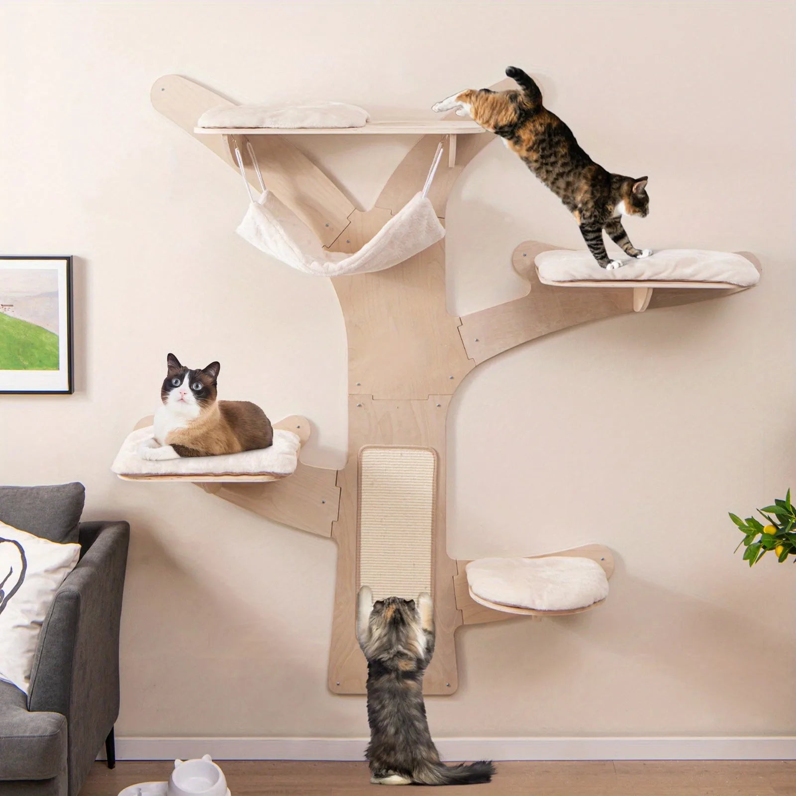"Wall-mounted cat tree dimensions showing cushioned platforms, hammock, and scratching mat with 33 lbs weight capacity per layer."