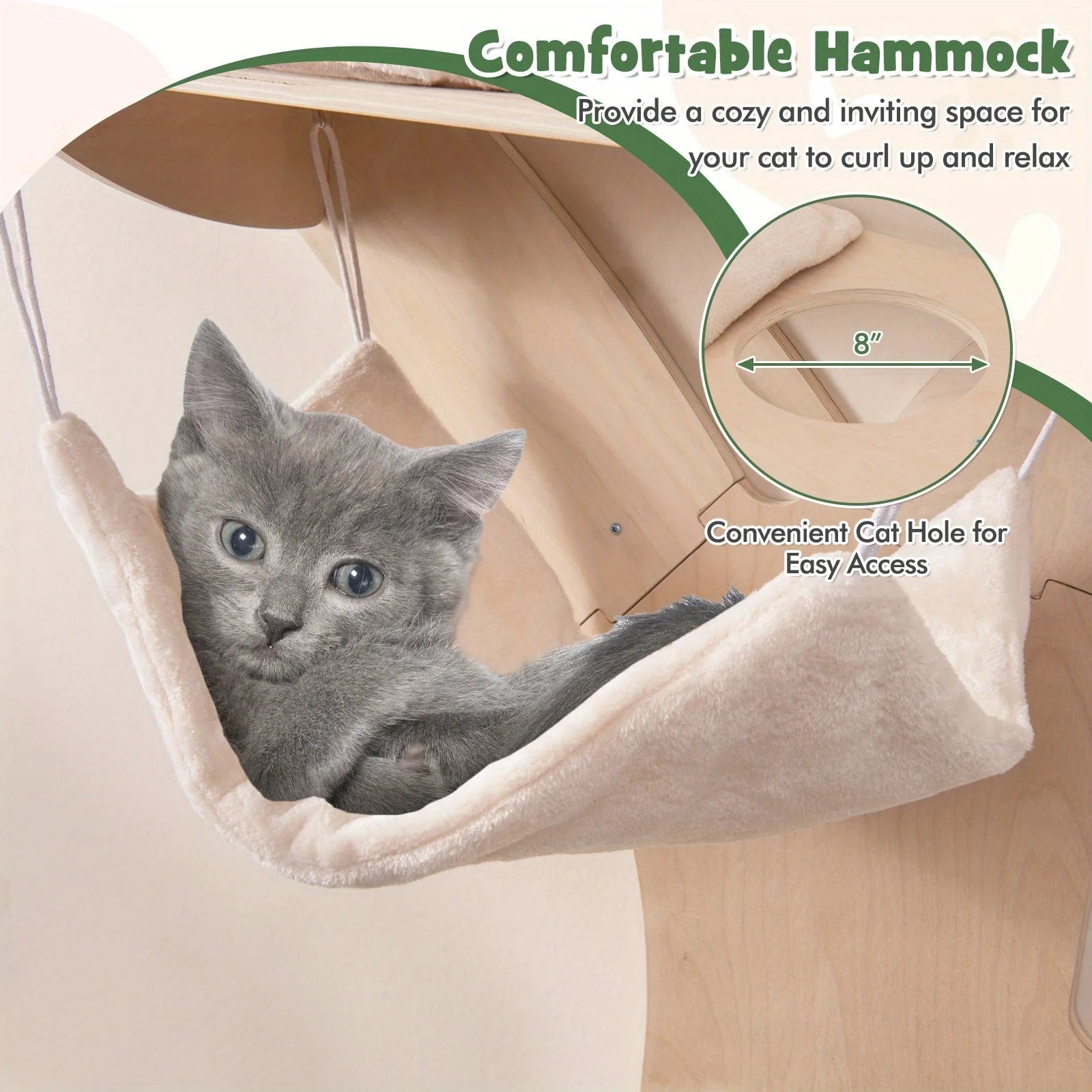 "Wall-mounted cat tree integrated into a modern living room setup, featuring multiple platforms, a hammock, and a sleek wooden design."