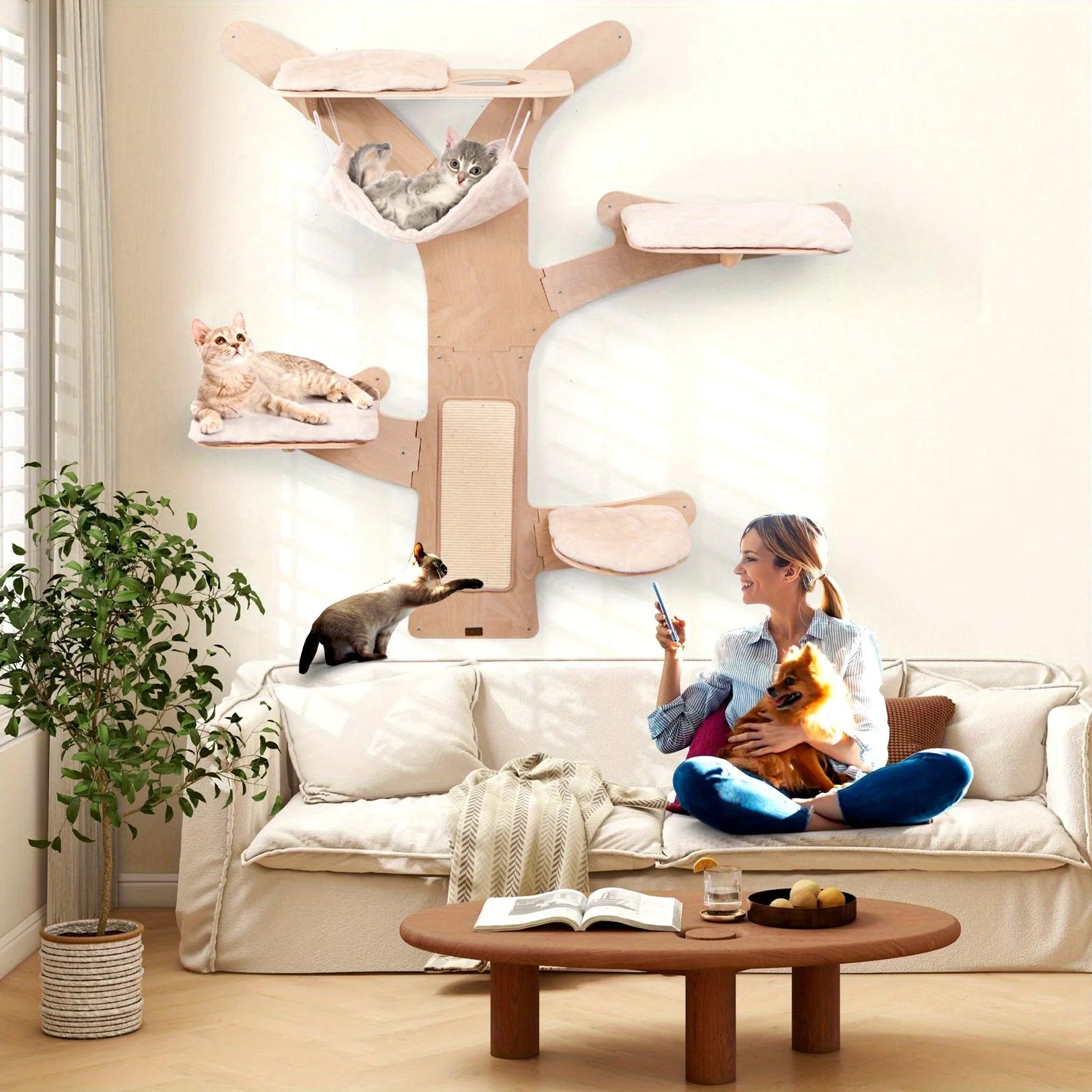 "Wall-mounted cat tree with multiple cats playing on cozy cushioned platforms, offering a stylish and functional space for your pets to climb and rest."