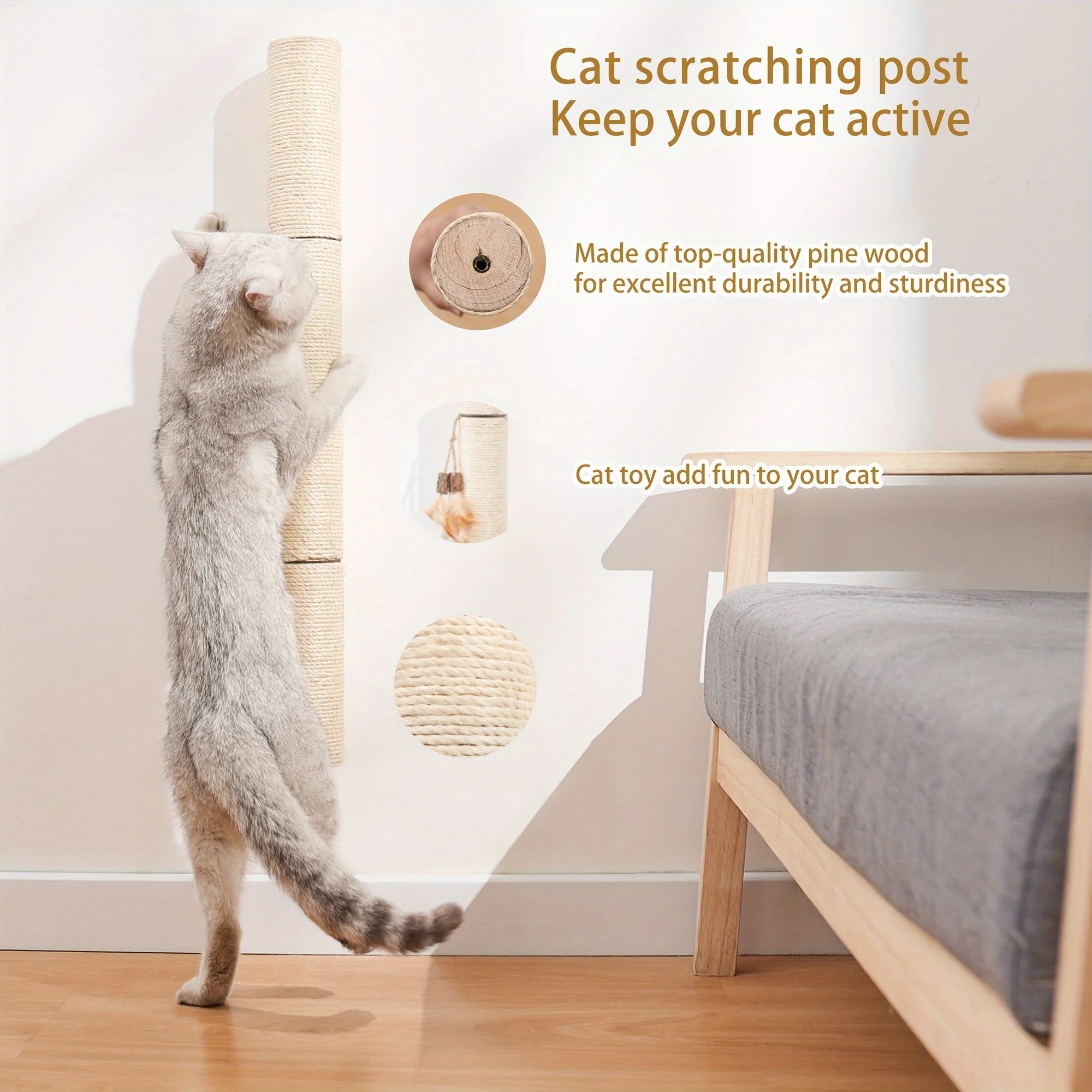 Active cat climbing on a durable wall mounted scratching post made of premium pine wood, including an attached cat toy for added fun.