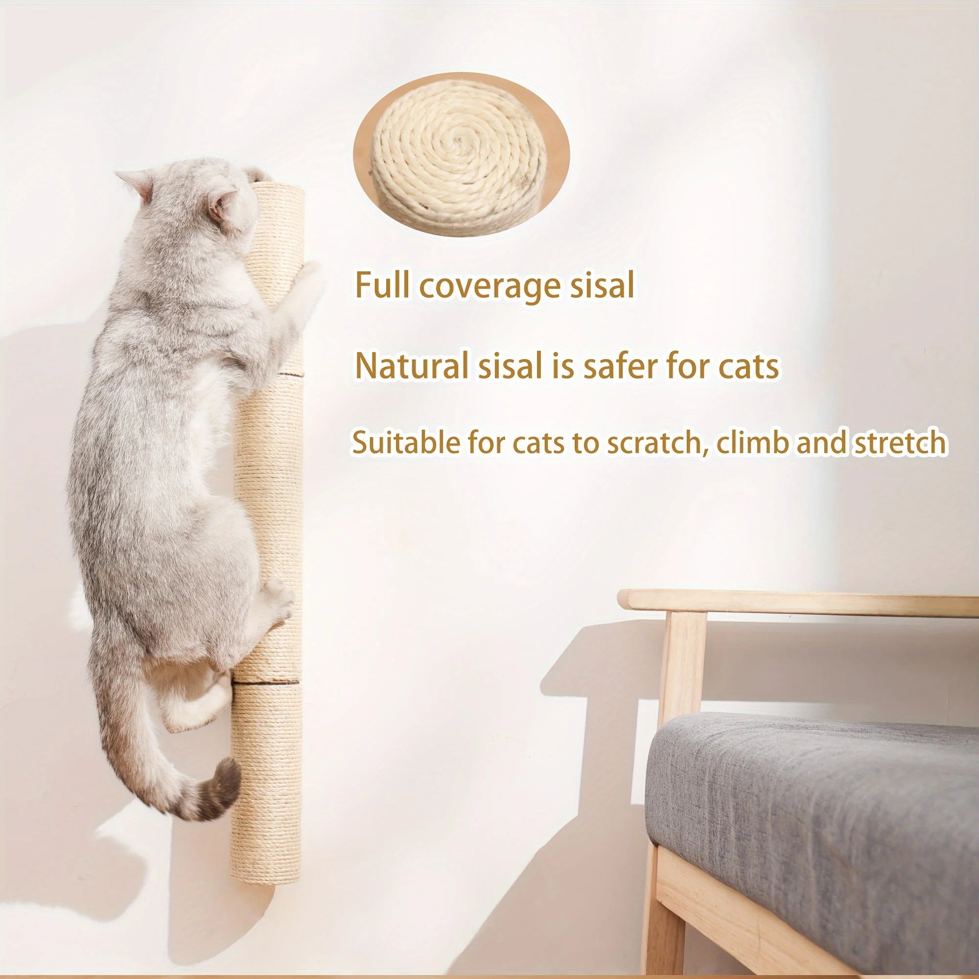 Cat climbing a sturdy wall mounted scratching post wrapped with natural sisal rope for safety and comfort.