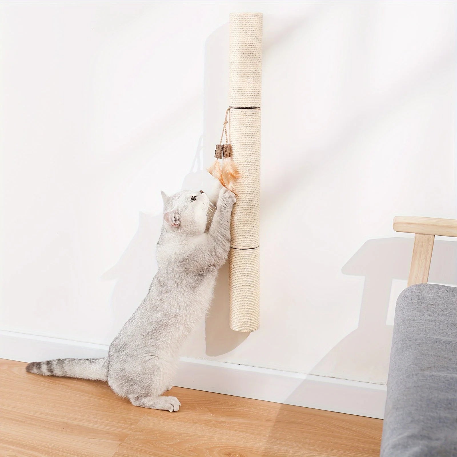 Cat playfully engaging with feathers attached to a stylish wall mounted scratching post.