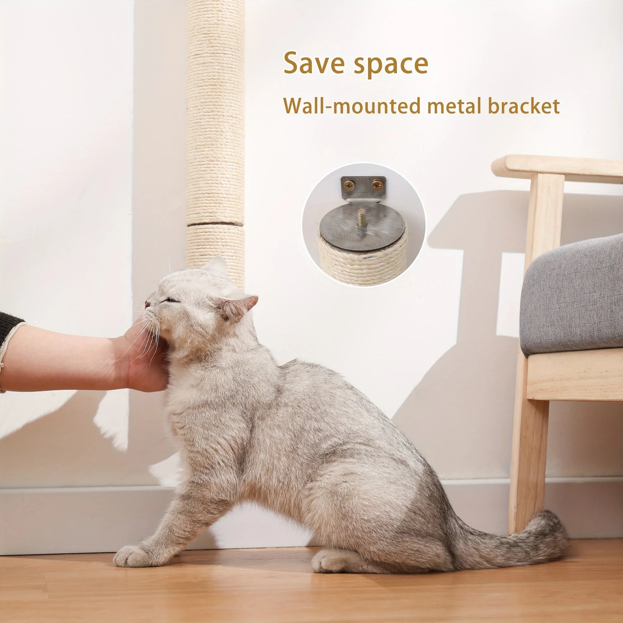 Cat enjoying attention near a space-saving wall mounted scratching post with a secure metal bracket.
