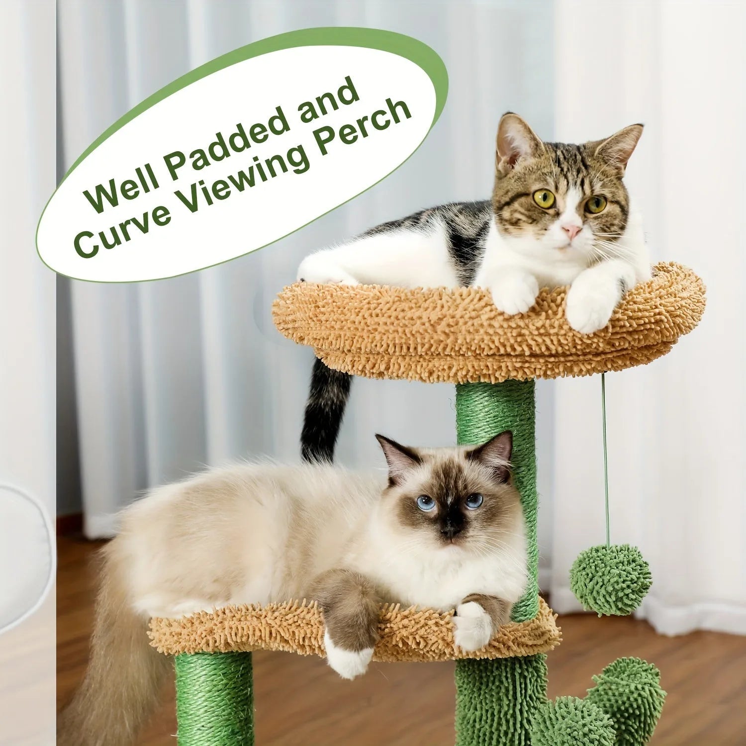 Well-padded, curved viewing perch on a cactus-style cat tower and scratching post for cats to relax and play."