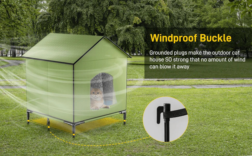 A heated outdoor house for cats equipped with windproof buckles for stability during windy conditions.