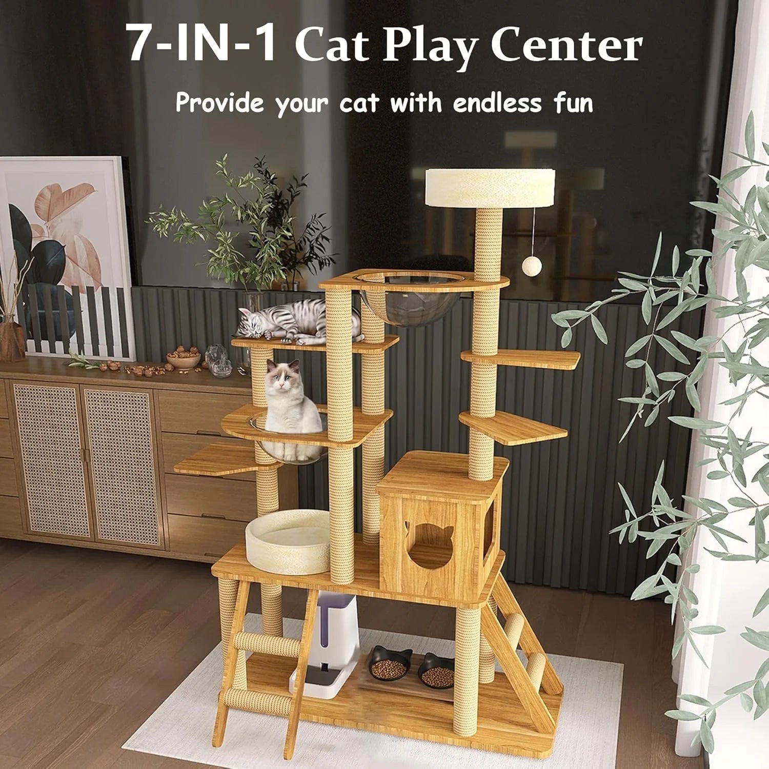Wooden cat tower with multi-level platforms for climbing, jumping, playing, and sleeping to meet your cat's exploration needs."