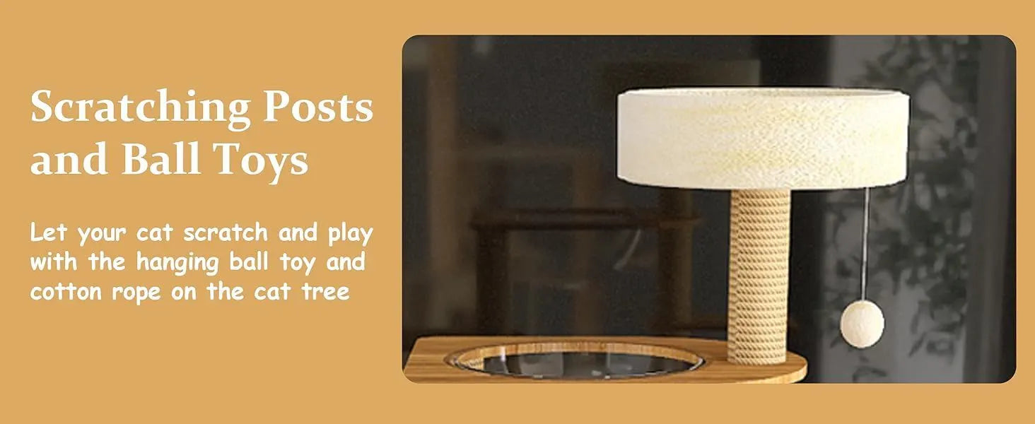 Wooden cat tower as a solution to keep cats engaged and reduce mess, with multiple activities for play and relaxation."