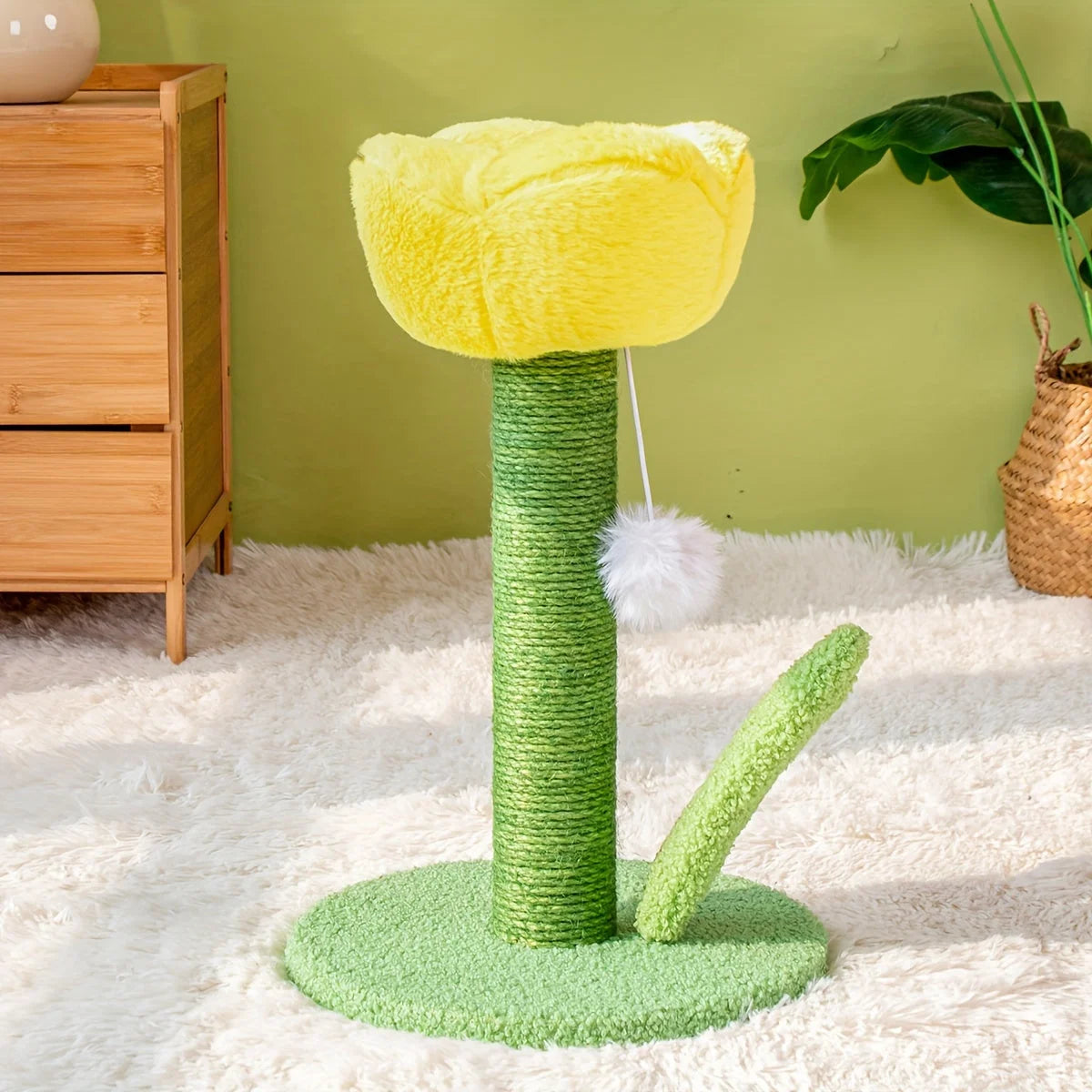 Yellow flower-shaped DIY cat scratching post designed to attract playful cats