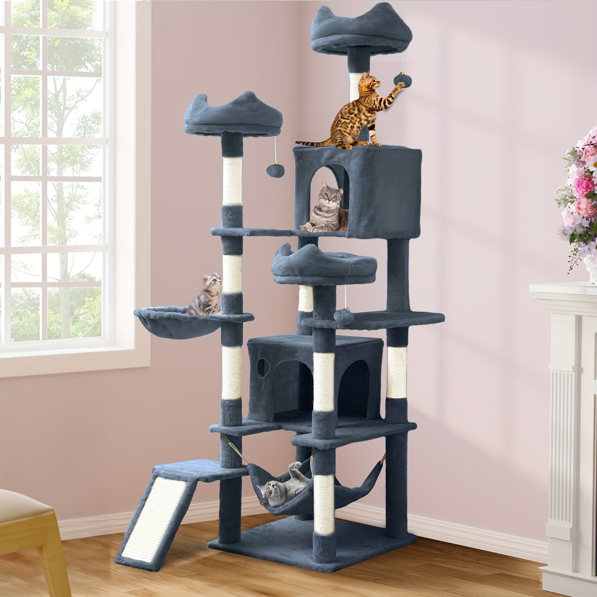 Modern cat tower with multiple platforms for climbing and resting