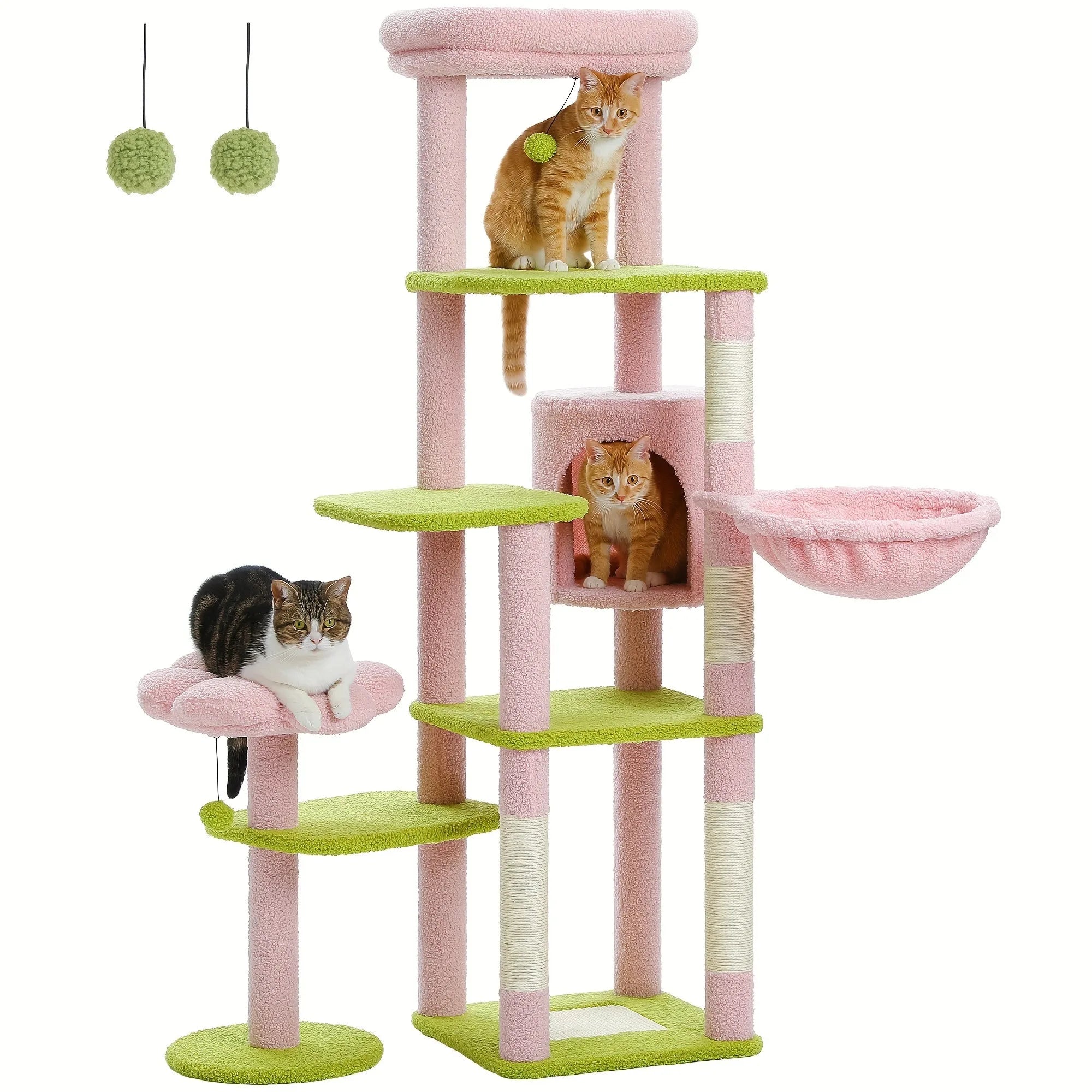 An elegant cream-colored cactus cat tree with soft textures, built-in toys, and ample climbing and resting spots for cats."