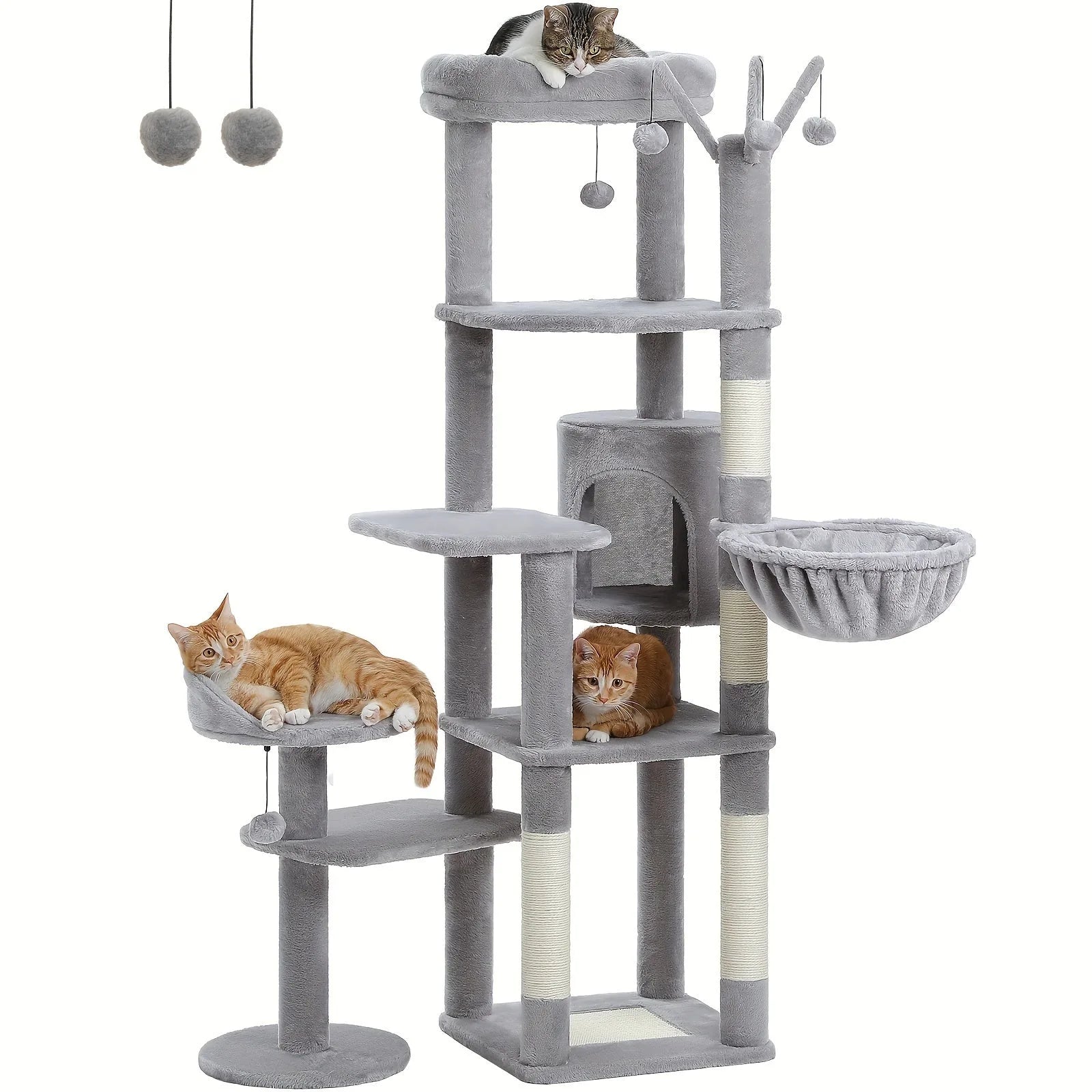 A cactus cat tree with enhanced stability features, including an anti-toppling device and rotatable platform for added safety during play."