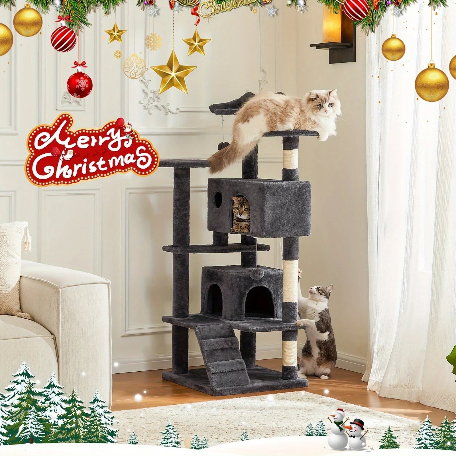 A luxurious spot for cats to relax on a stylish cat tree, harmonizing with Christmas trees for a festive look.
