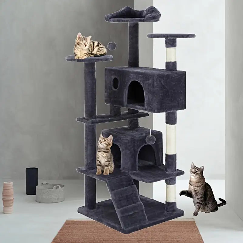 Dark grey tall cat tower for large cats featuring multiple platforms, a small house structure, two kittens resting, and a vacuum cleaner placed nearby."