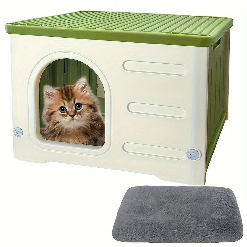 plastic cat house with a green roof, providing a safe and odorless environment for your pet.