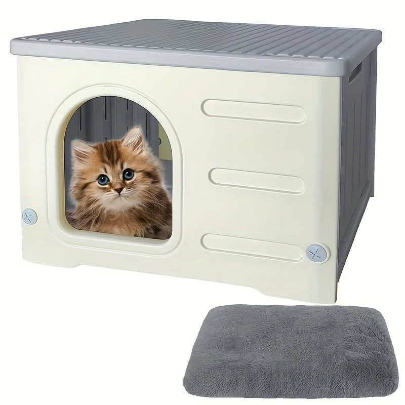 Modern grey plastic cat house with a kitten and soft cushion