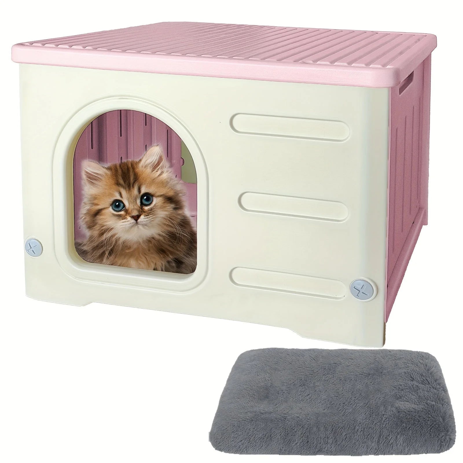 Pink plastic cat house with a kitten inside and a gray cushion