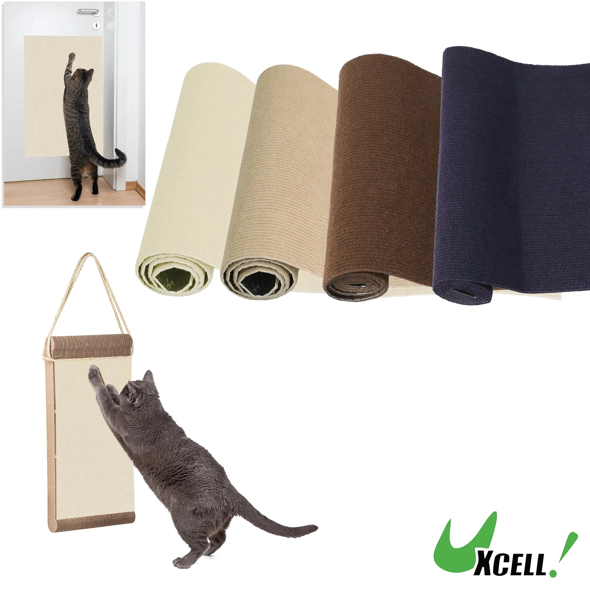 A self-adhesive cat scratching mat designed to protect walls and furniture while enabling cats to climb and scratch.