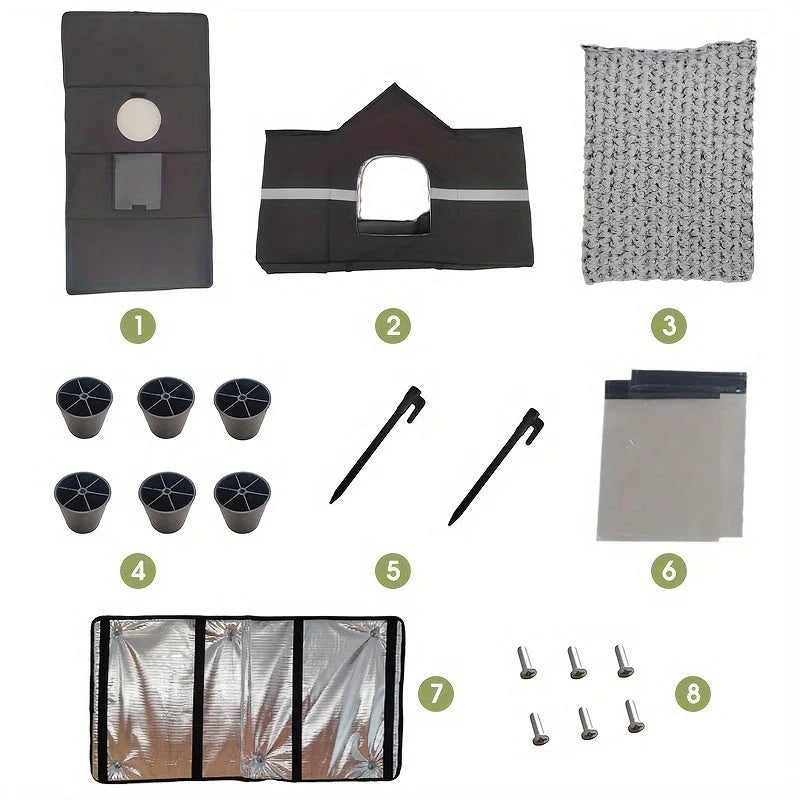 Complete assembly kit for an outdoor cat house for winter, including EVA roof, fleece pad, and screws for easy setup