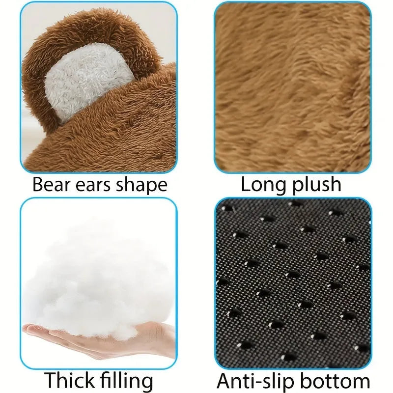 Close-up of the features of a bear-shaped warm cat bed, including thick filling, anti-slip bottom, and plush material.