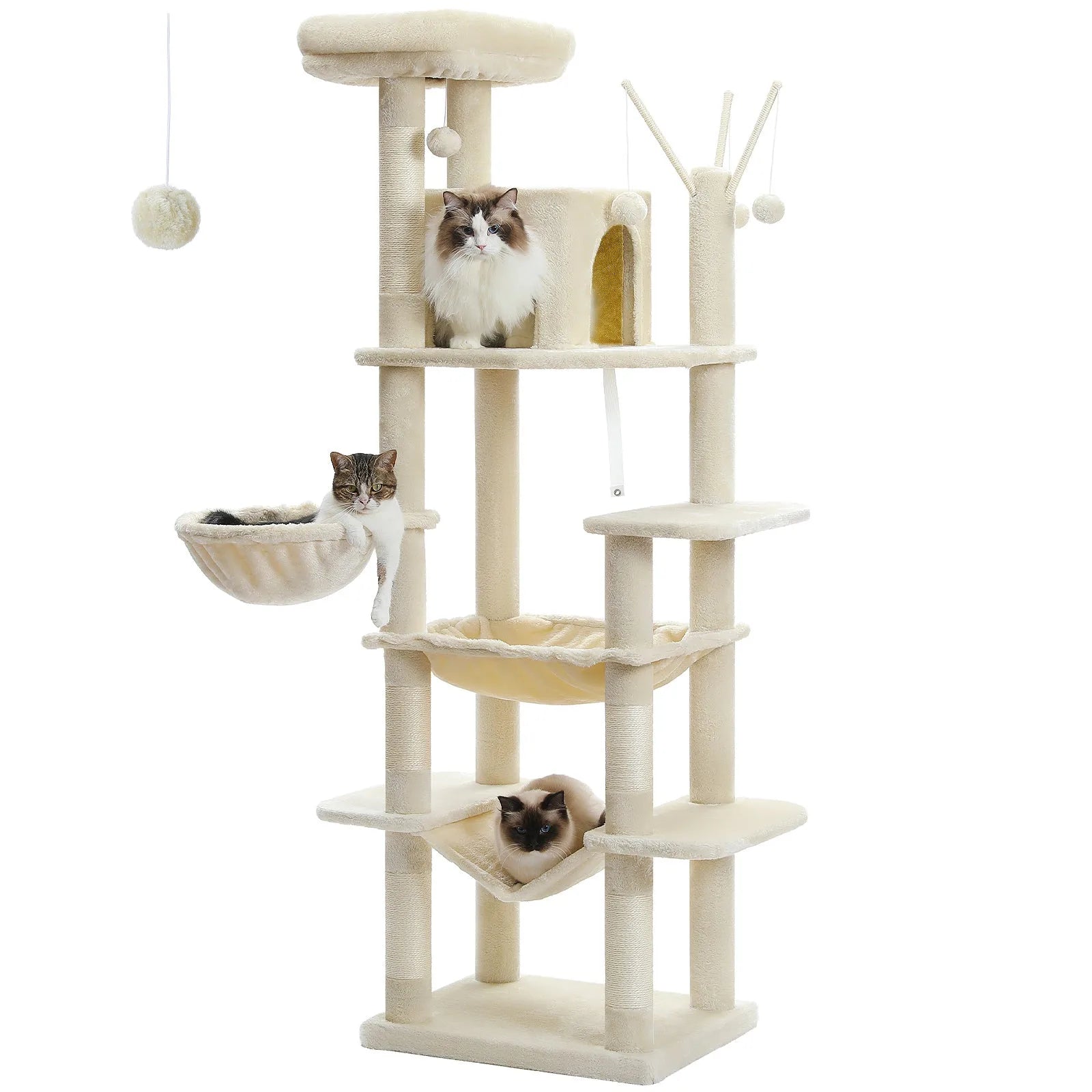 Beige multi-level cat condo for large cats with cozy hammocks, scratching posts, and lounging areas.