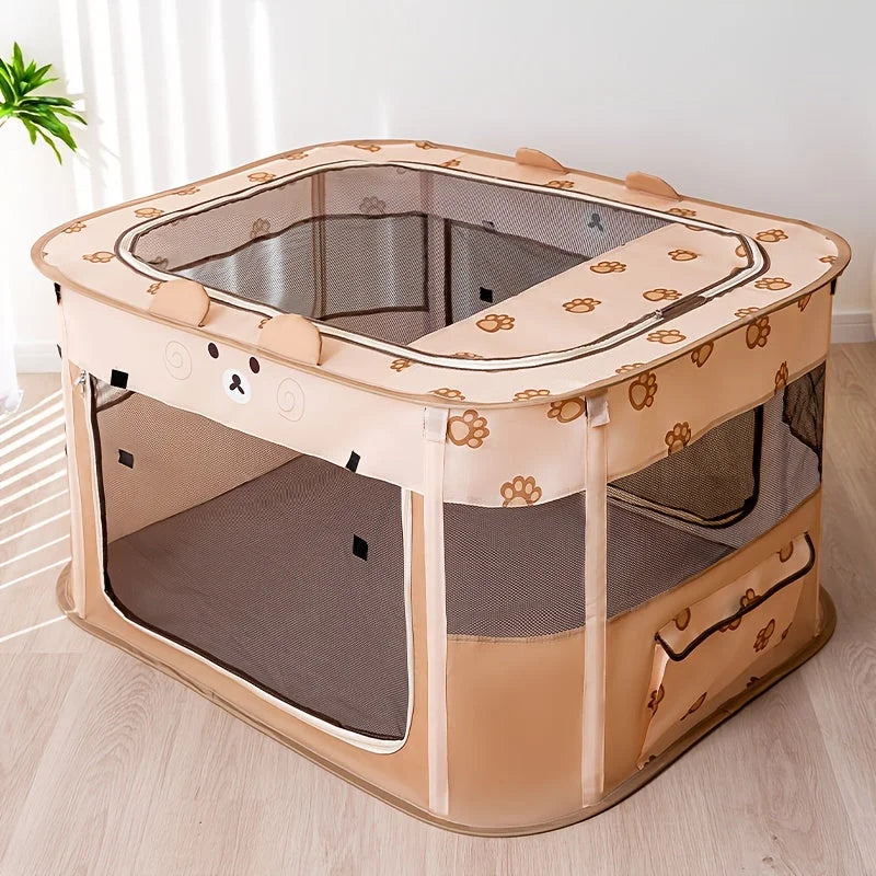 Stylish beige rectangular cat tent cage for cats with mesh panels.