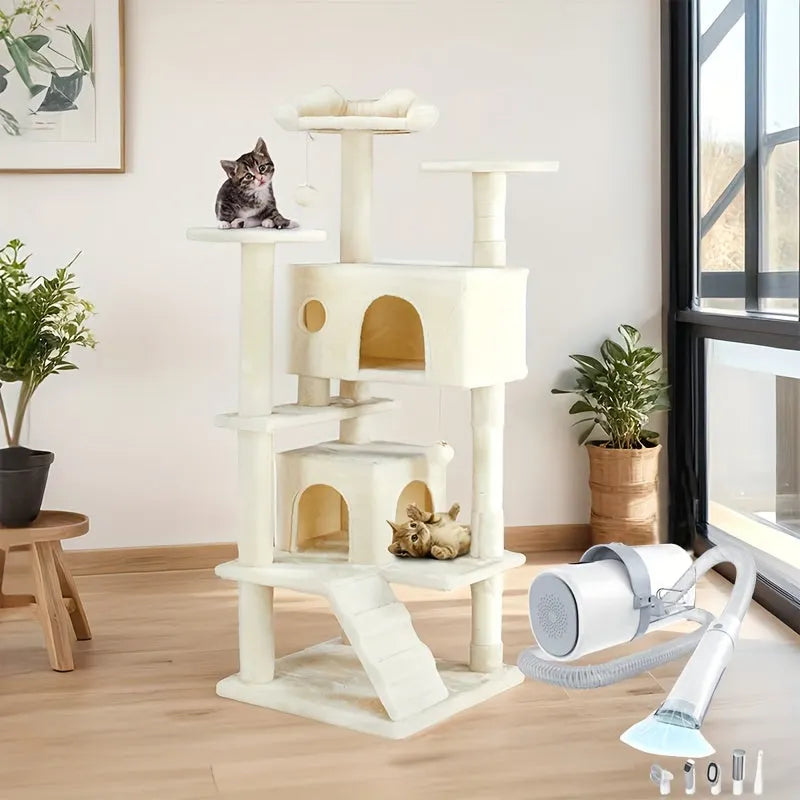 beige tall cat tower for large cats with two kittens lounging on different levels, including a small house structure and a cozy platform for resting."