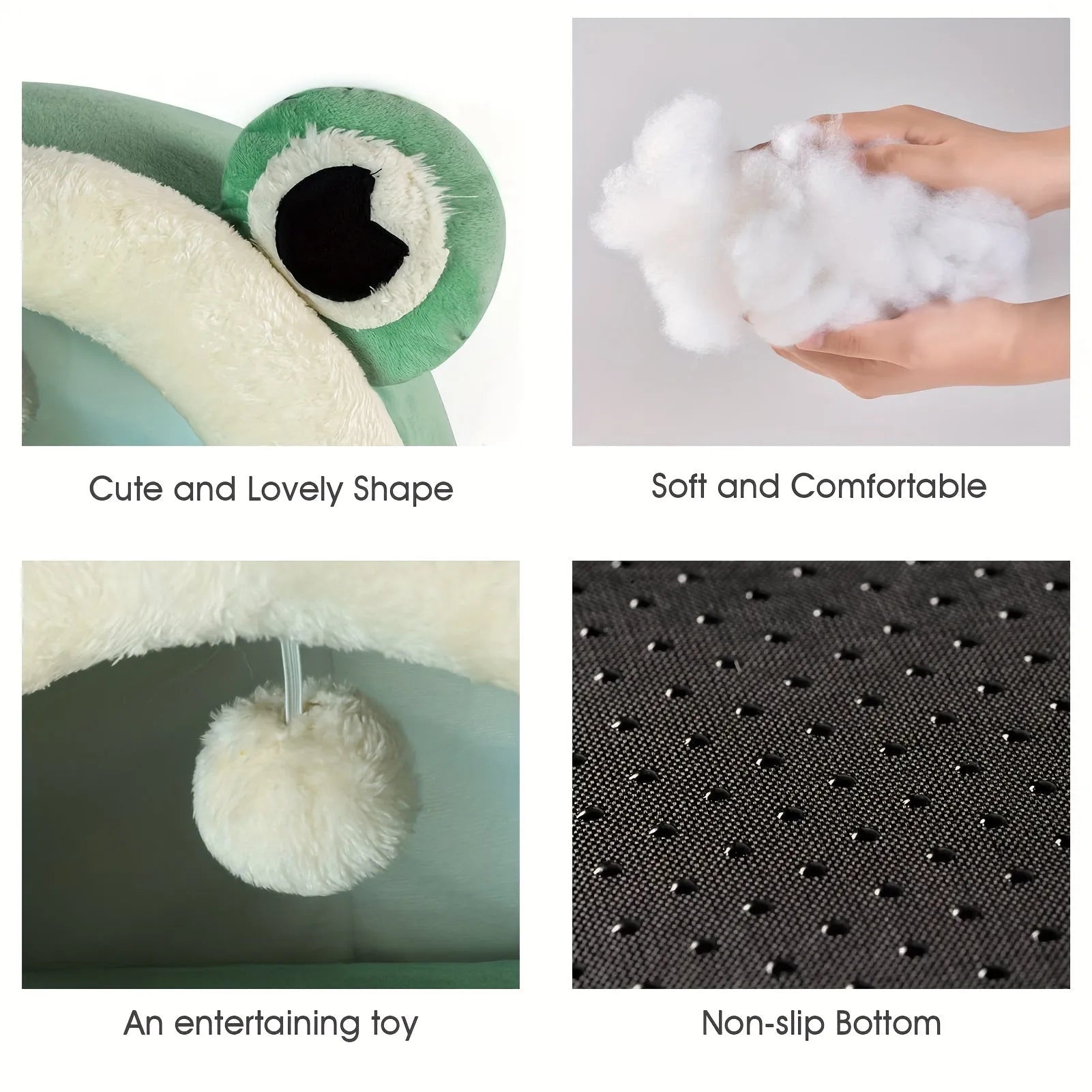 Close-up details of cute and soft best bedding for cats, including a toy ball and non-slip bottom.