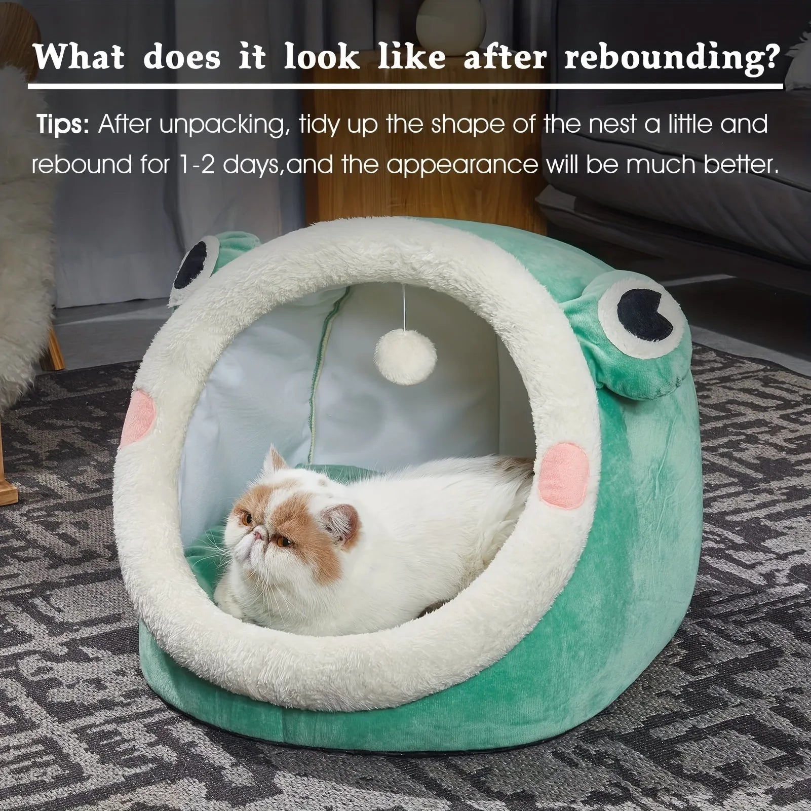 A fluffy white cat inside green best bedding for cats after reshaping for optimal comfort