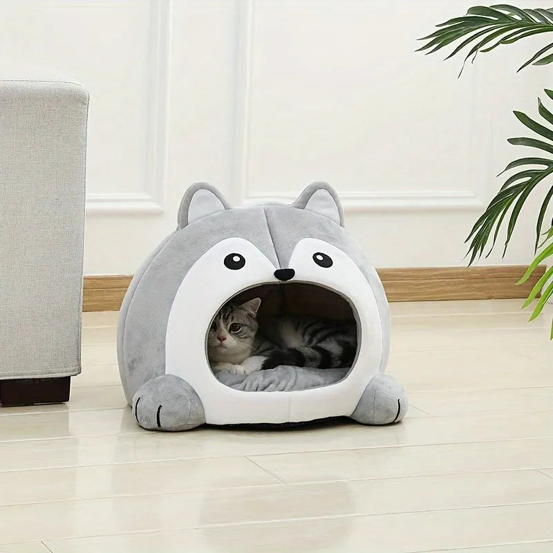 Grey cat bed with a cozy hideout design, ideal for small to medium pets