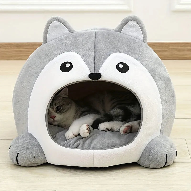 Adorable grey cat bed with a cute animal design and cozy interior for comfort