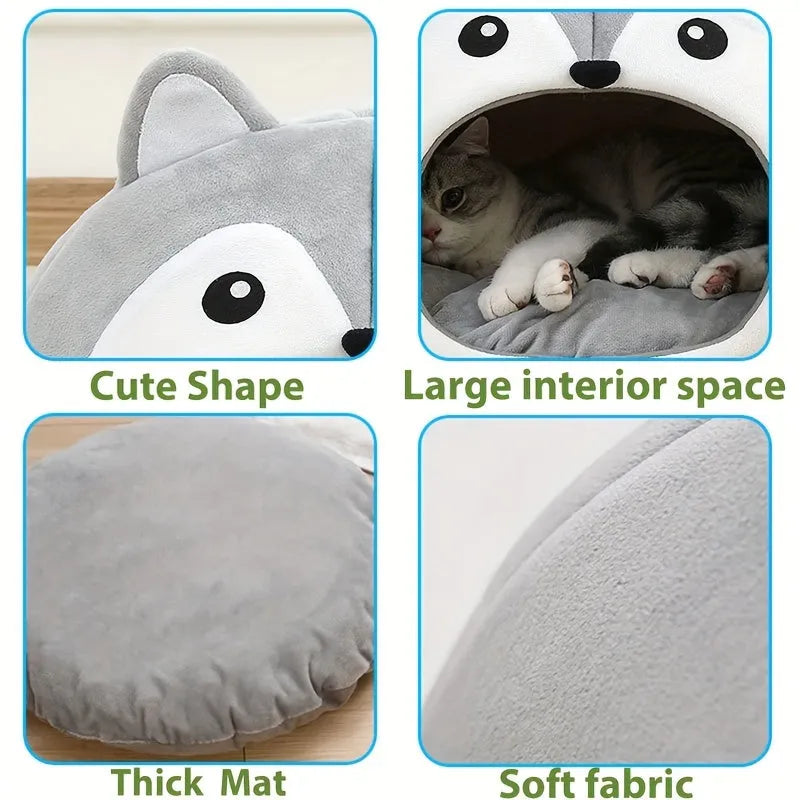 Highlighted features of the grey cat bed, including soft fabric, thick mat, and spacious interior