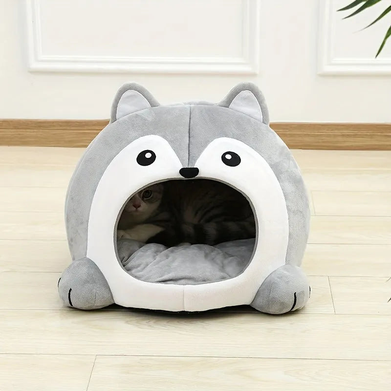 Front view of a cute grey cat bed with plush interiors for ultimate pet comfort