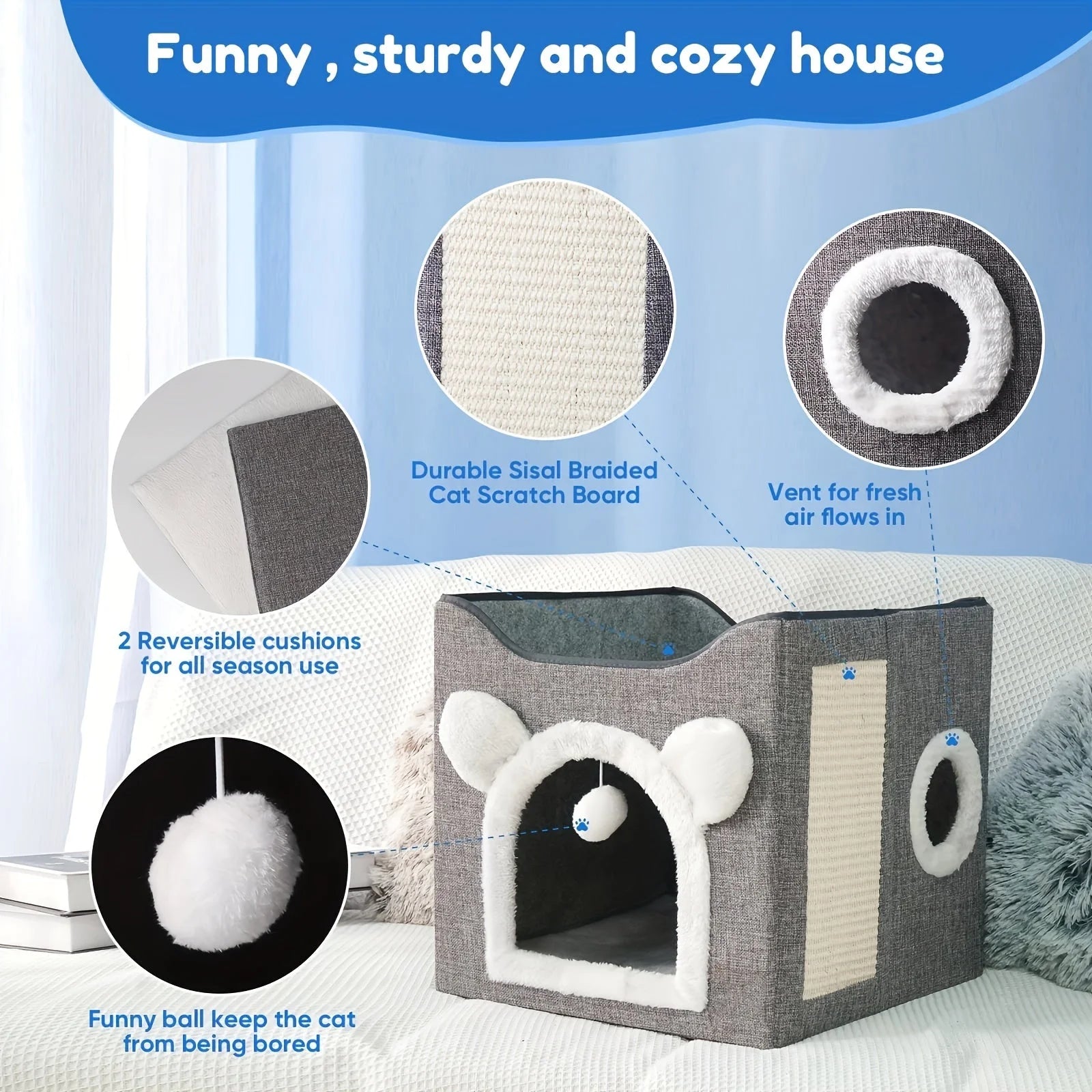 Key features of the best outdoor cat house, including a scratchable sisal side, reversible cushions, and a ventilation hole.