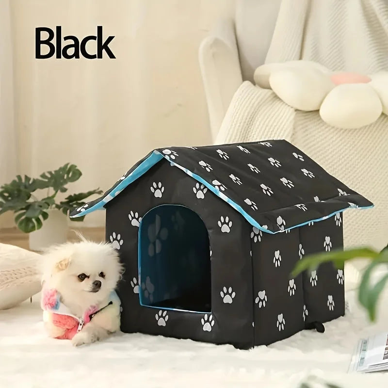 Cozy black and blue design of the best outdoor cat house for winter, suitable for small pets indoors