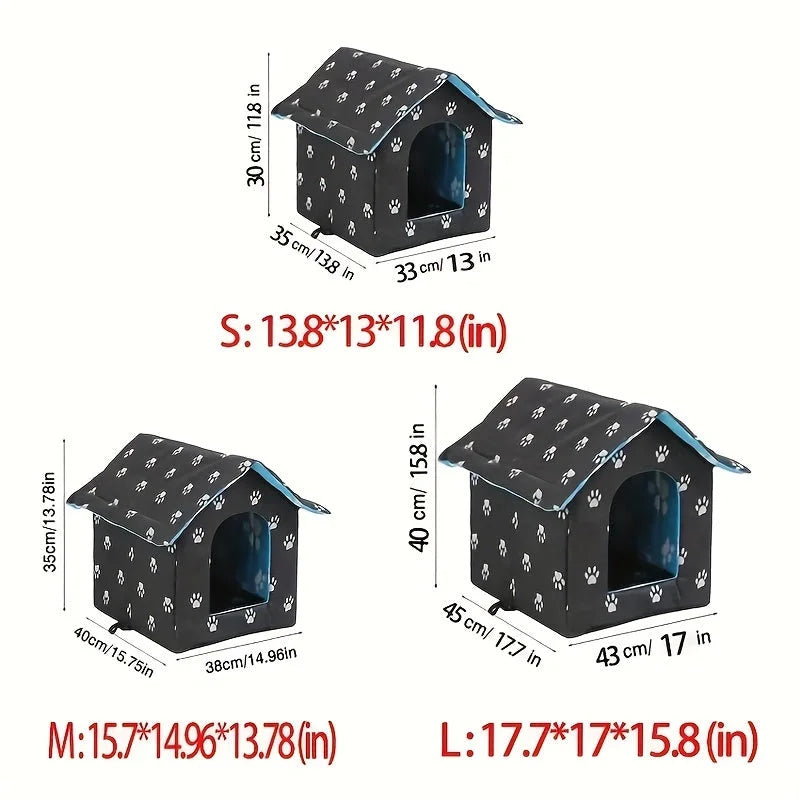 Size chart for the best outdoor cat house for winter, displaying dimensions for small, medium, and large options.