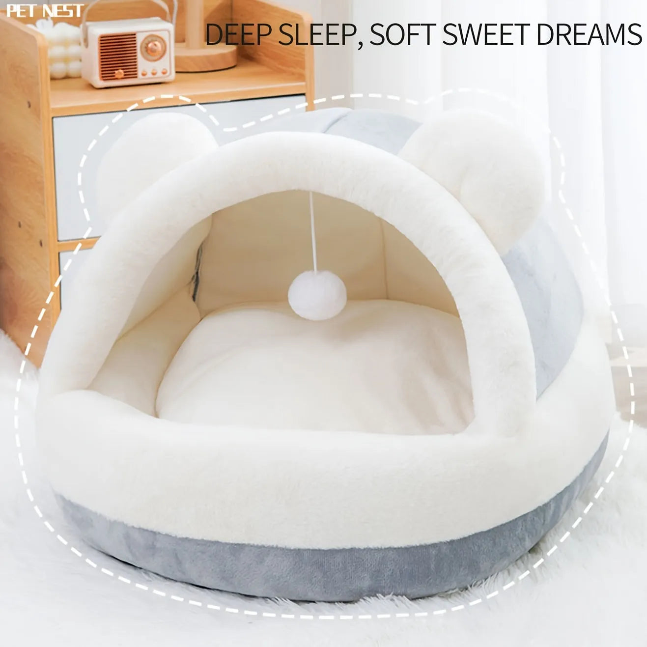 Soft gray dome-shaped best rated cat bed with a thick padded interior for pets to enjoy deep sleep and sweet dreams