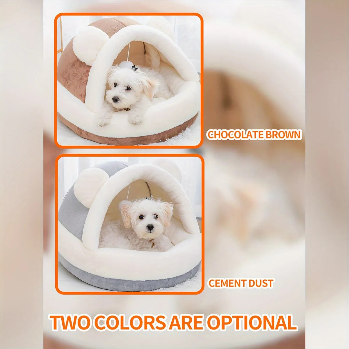 Two color options of best rated cat beds in chocolate brown and cement dust with a cozy dome design for ultimate pet comfort