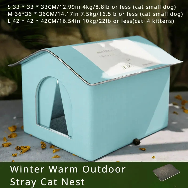 Blue cat house for indoor use, available in multiple sizes for small pets.