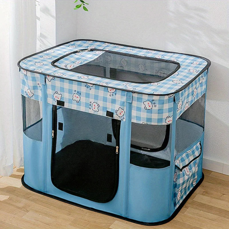 Blue cat playpen with adorable cloud pattern, ideal for indoor cats.